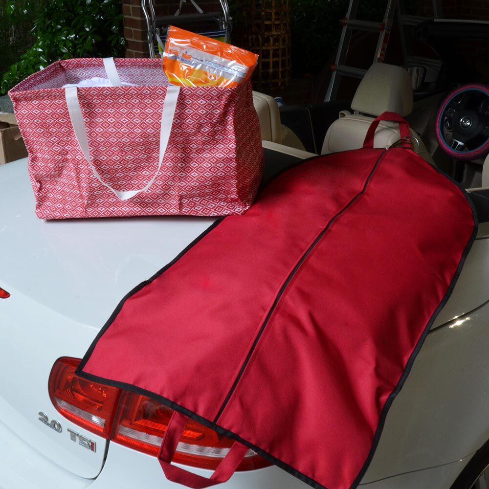 red nylon garment bag