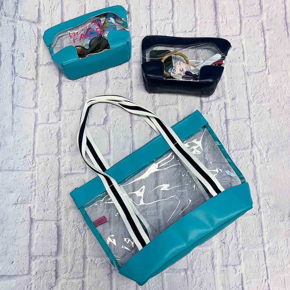 vinyl tote large turquoise with navy and white webbing