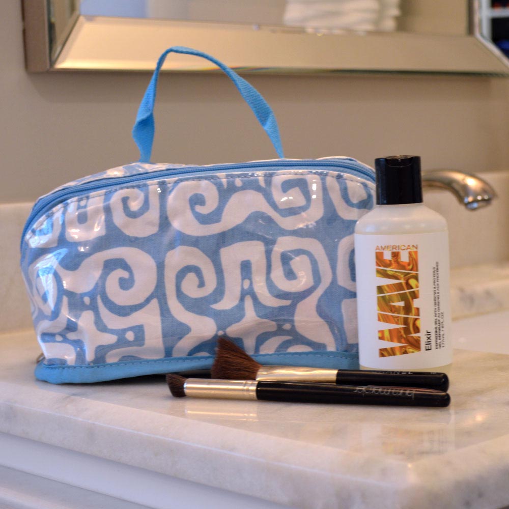 don't fret light blue counter cosmetic bag
