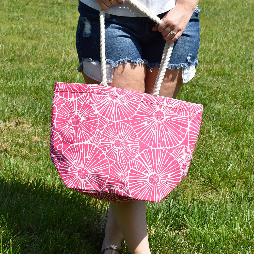 full circle pink canvas tote with rope handle