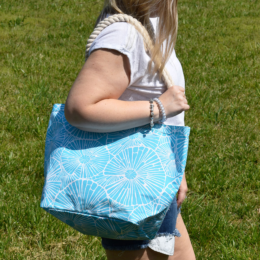 full circle turquoise canvas tote with rope handle