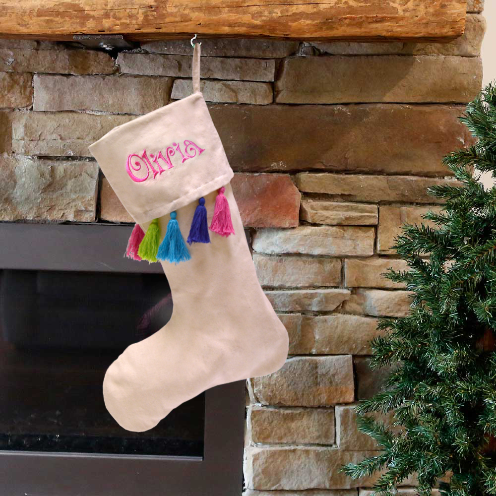 holiday stocking natural with multi colored tassels