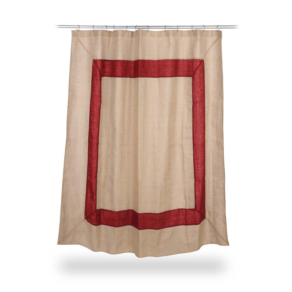 jute shower curtain with red border