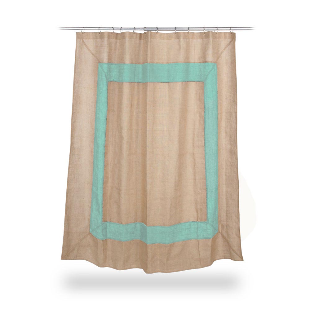 jute shower curtain with mint border