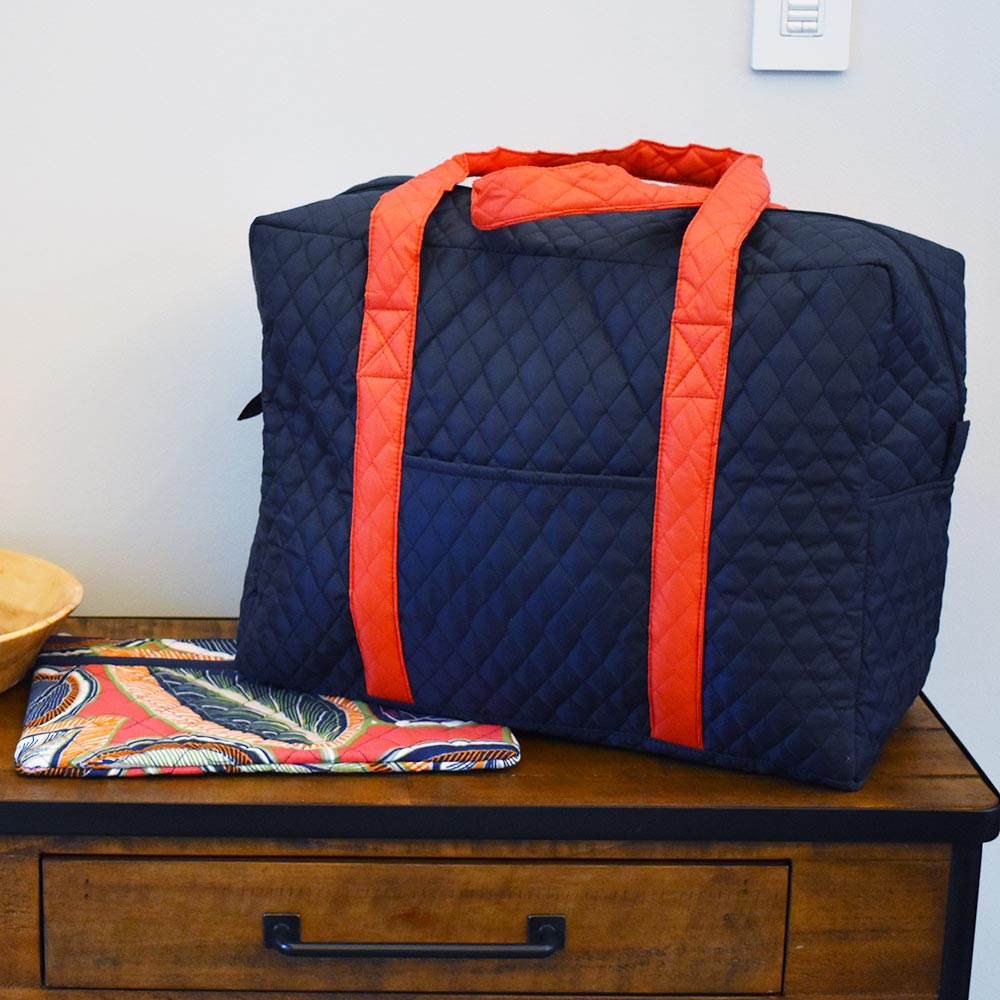 quilted duffle navy with red trim
