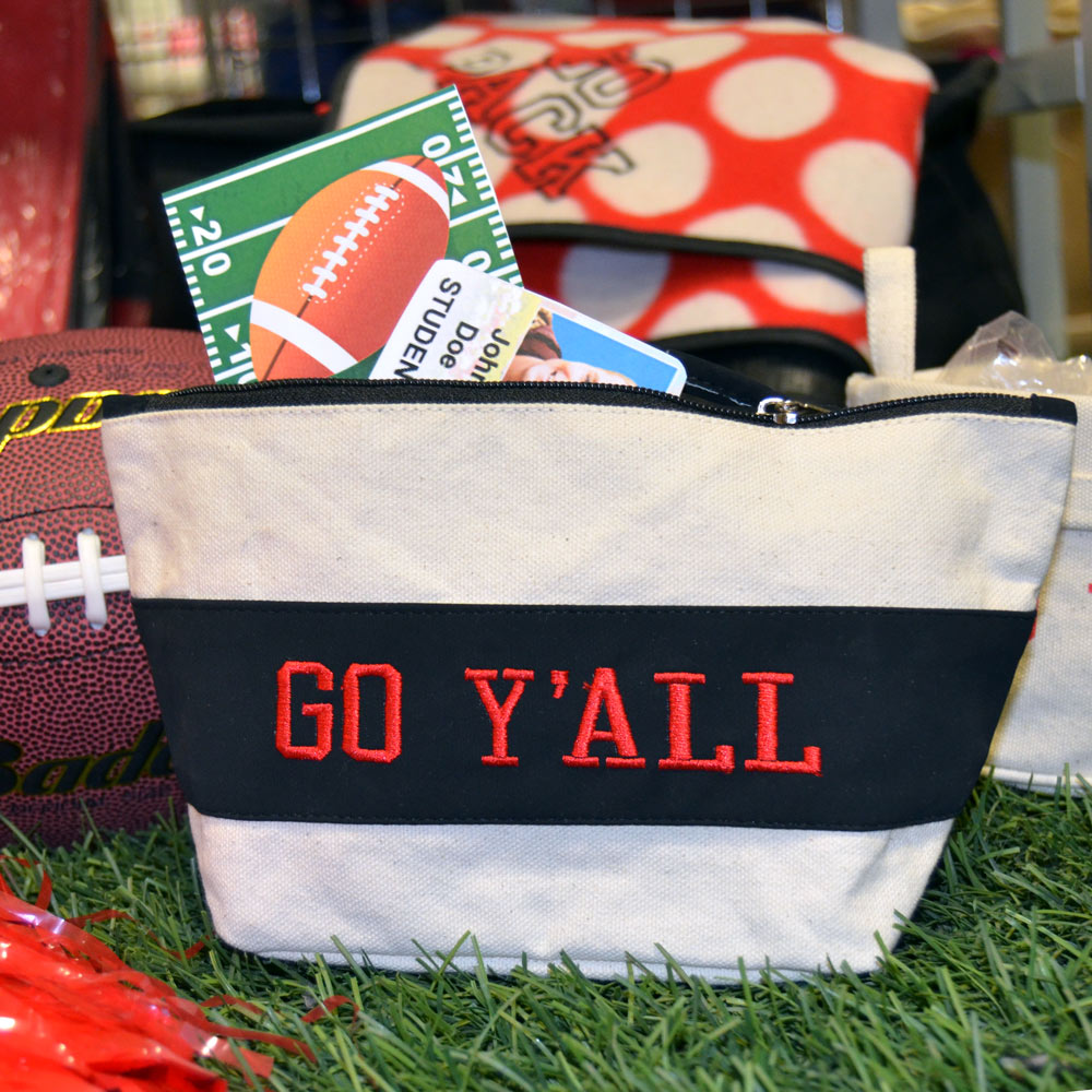 black suede zipper pouch with go y'all red